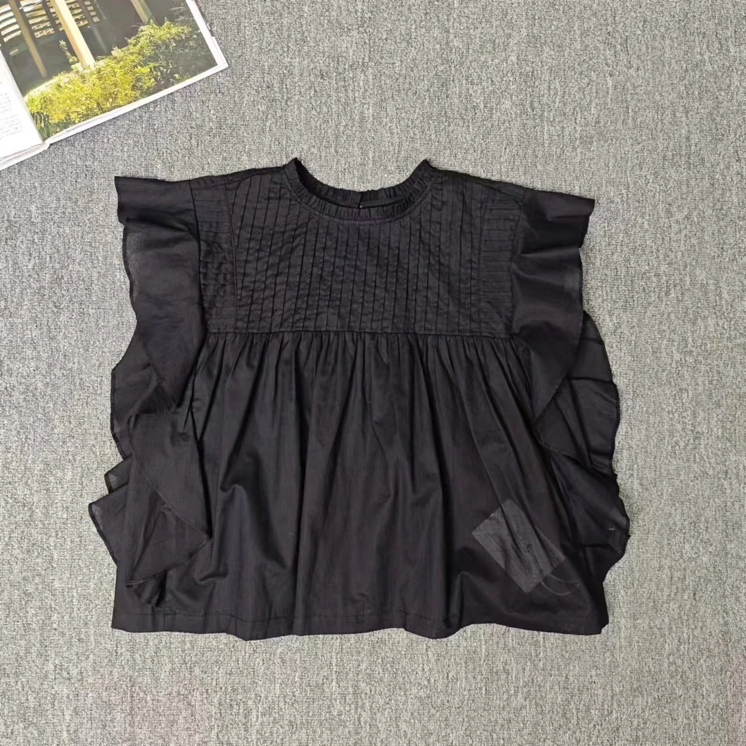 82973余小鱼 两色纯色领口花边飞飞袖甜美捏褶夏季韩版背心女装