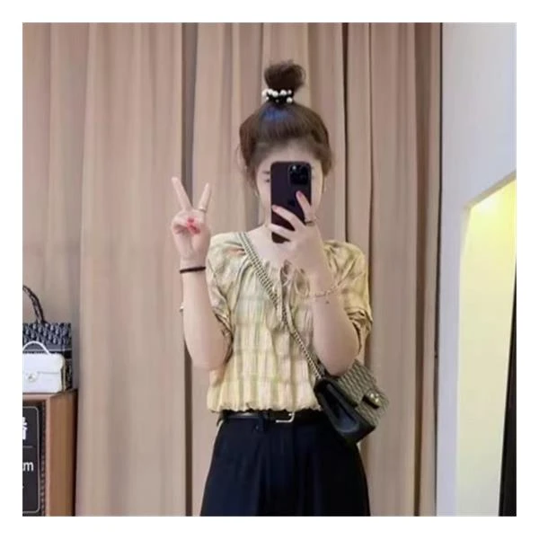 80473余小鱼 撞色格子下摆松紧领口系带皱感韩系休闲百搭衬衫女装