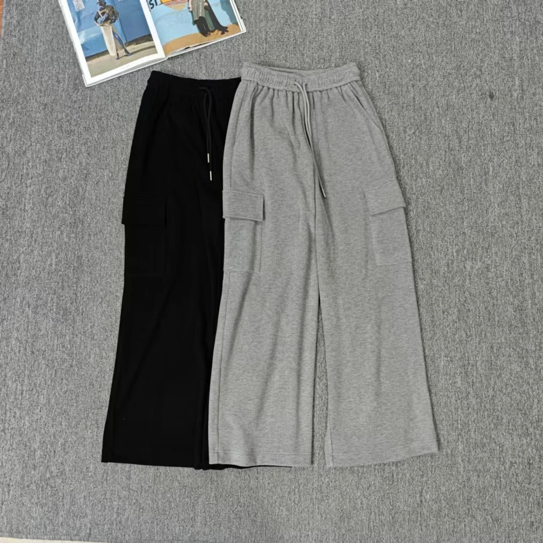 83512余小鱼 两色纯色侧边口袋抽绳松紧腰韩系百搭阔腿休闲裤女装