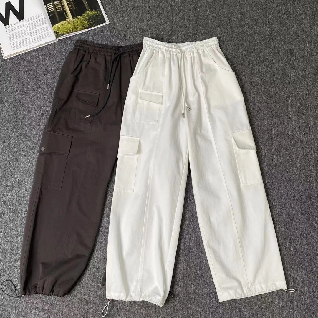 82492余小鱼 两色工装口袋松紧腰显瘦韩系休闲百搭小众休闲裤女装