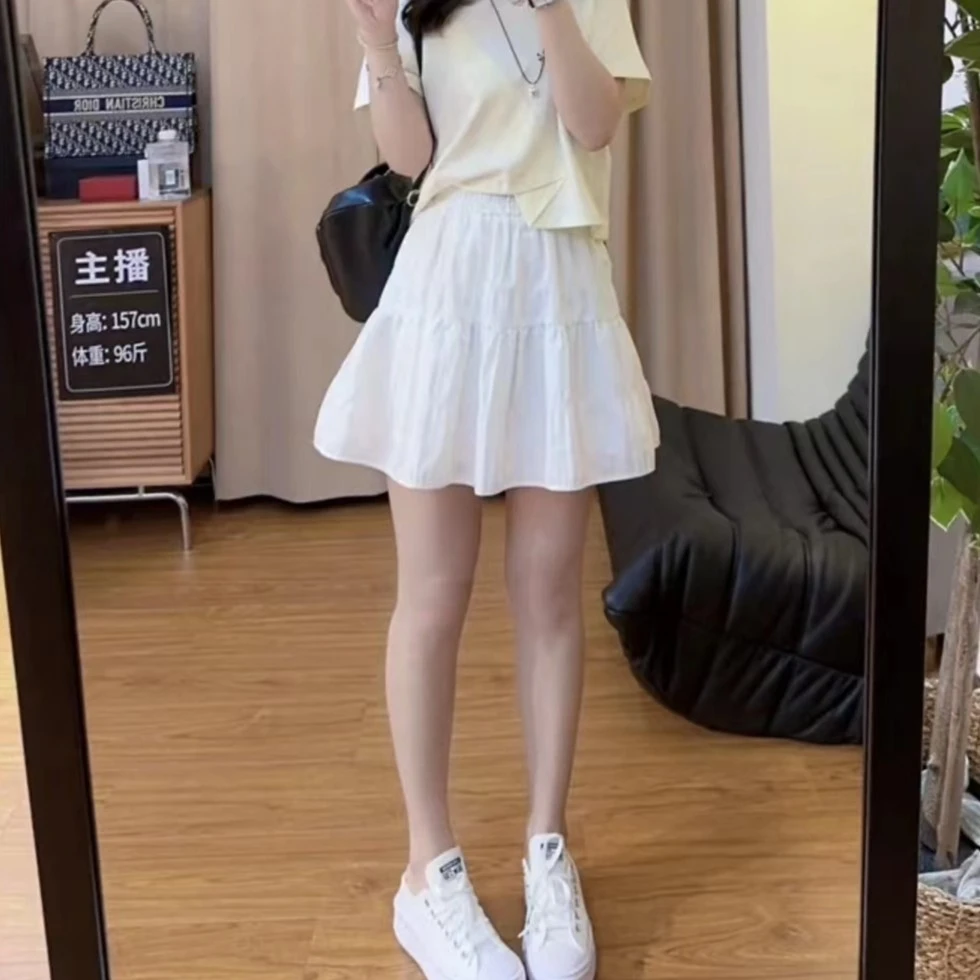 80985余小鱼 两色甜美蓬蓬褶皱蛋糕裙松紧高腰短款夏季半身裙女装