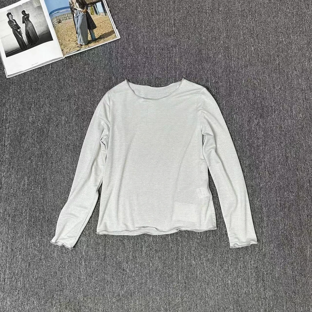 83632余小鱼 灰蓝色纯色卷边带细闪百搭内搭圆领长袖打底T恤女装