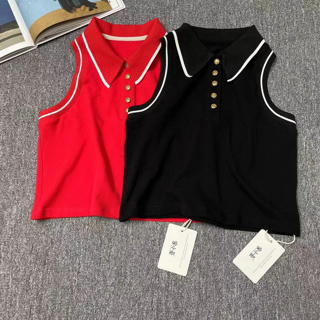 81089余小鱼 两色韩版撞色甜辣时尚领条纹Polo领背心无袖上衣女装