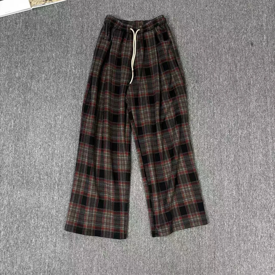 83615余小鱼 黑红方格松紧腰抽绳休闲韩系舒适宽松阔腿休闲裤女装