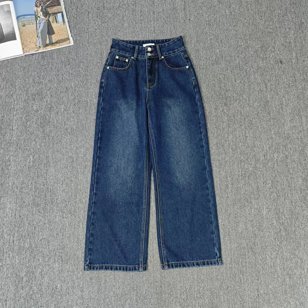 83823余小鱼 深蓝色高腰双排扣韩系百搭宽松秋冬植绒牛仔裤女装
