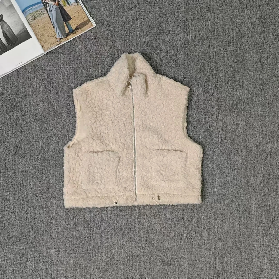 13171余小鱼 杏色拉链口袋圆领韩系休闲百搭毛毛马甲背心女装