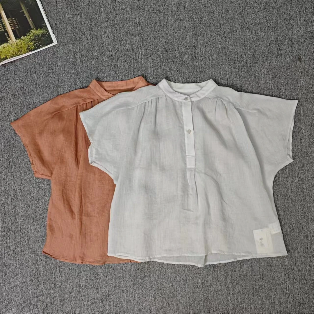 82812余小鱼 两色纯色两粒扣韩系时尚宽松休闲圆领短袖衬衫女装