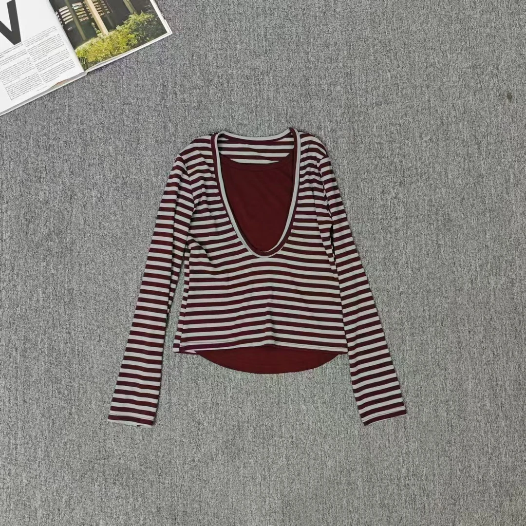 13118余小鱼 红色条纹打底衫假两件长袖百搭时尚韩系内搭休闲女装