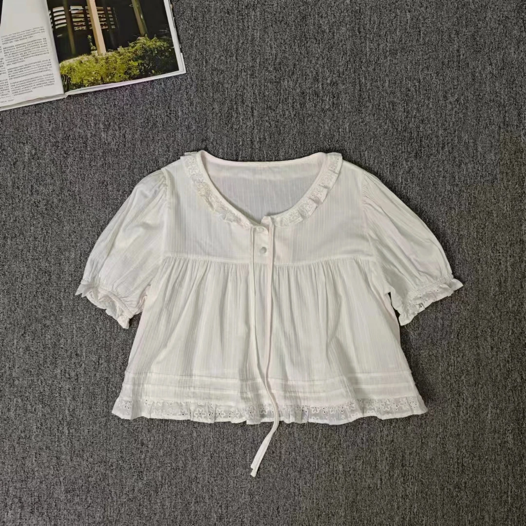 81132余小鱼 白色花边领两粒扣甜美娃娃衫时尚韩系百搭夏季女装