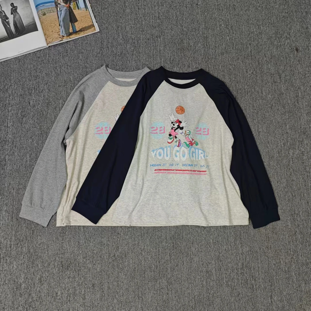 83668余小鱼 两色拼色插肩袖卡通印花百搭韩系长袖圆领T恤女装