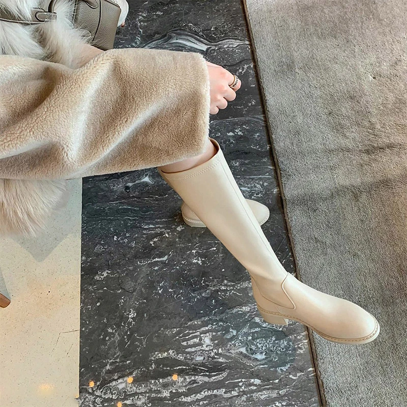 苏茵茵同款大小姐~韩国真皮粗跟中筒靴女弹力长靴瘦腿靴冬季现货
