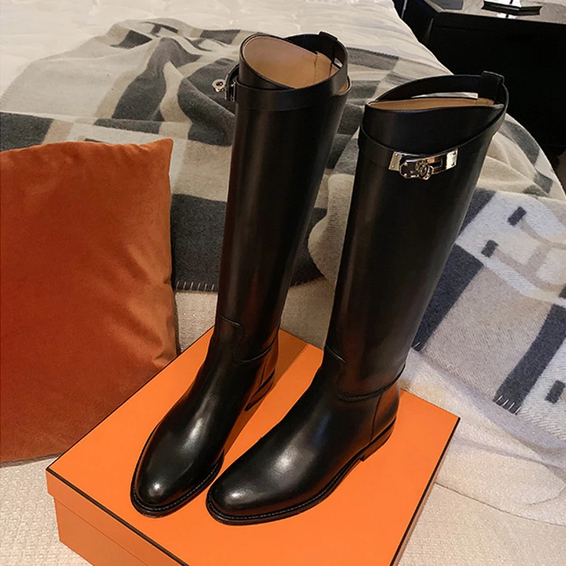 葡萄妈长筒靴女春秋加绒不过膝百搭休闲金属锁扣显瘦高筒骑士靴女