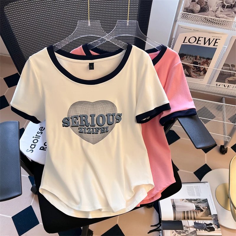 R夏季新款大码女装2024微胖MM宽松in休闲显瘦拼色圆领心形字母T恤