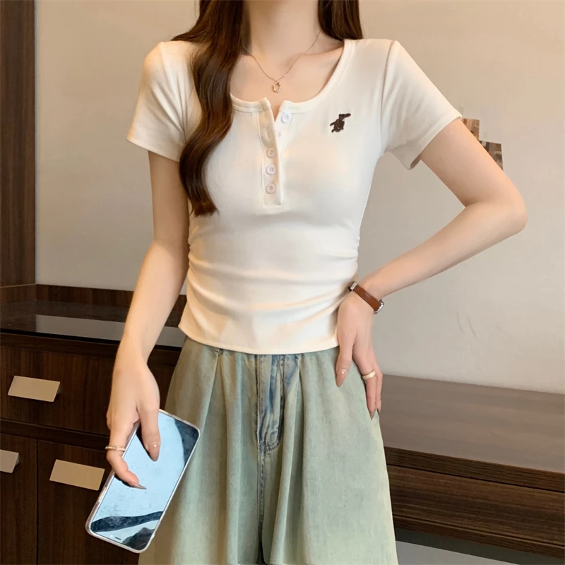 W大码女装2024夏季新款胖妹妹韩系正肩白色内搭纯欲别致短袖T恤女