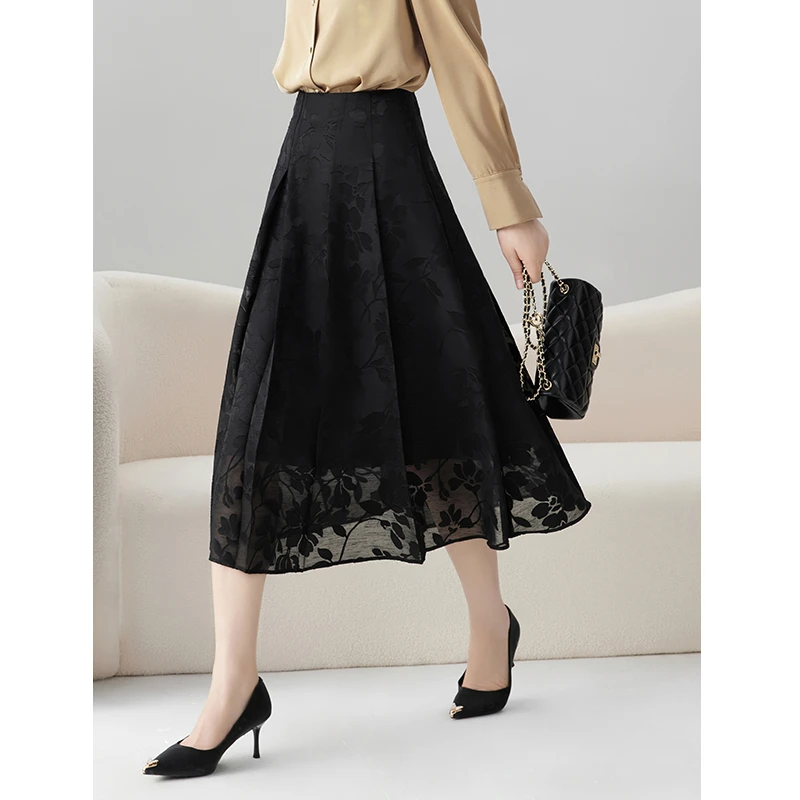 老敏哥邂逅黑天鹅高端进口面料半身裙女提花黑色半裙S0112212