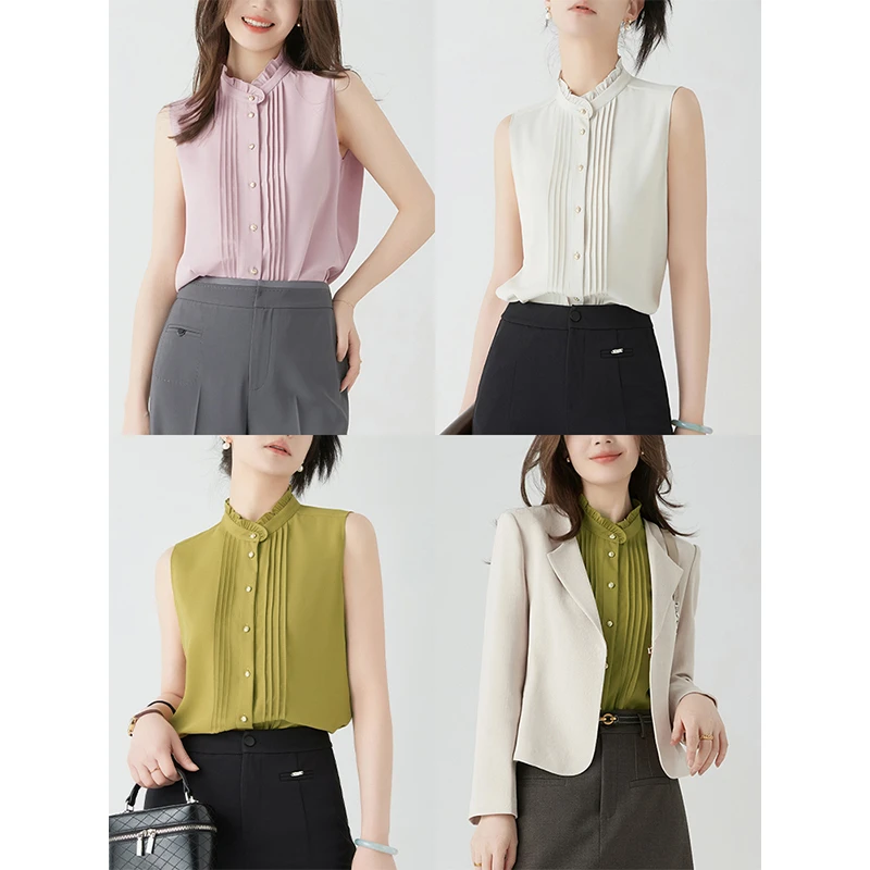 老敏哥叠穿无袖衬衫木耳边衬衣百搭立领内搭打底衫上衣S02025298