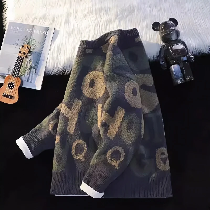 秋冬季圆领毛衣男痞帅高级感慵懒风针织衫加厚线衣潮牌打底衫毛衣