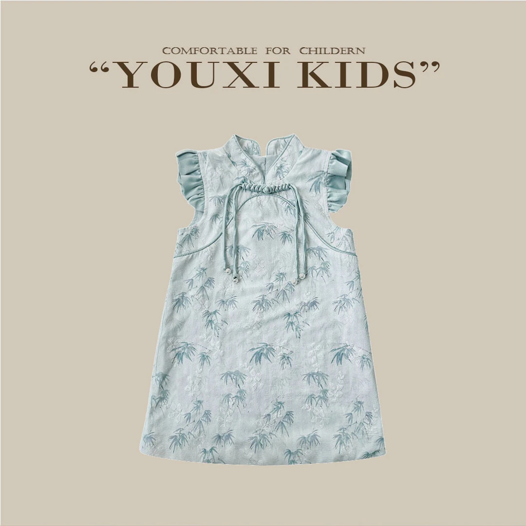 现【竹摇清影】儿童连衣裙女童旗袍飞飞袖中式国风汉服周岁裙FF1973