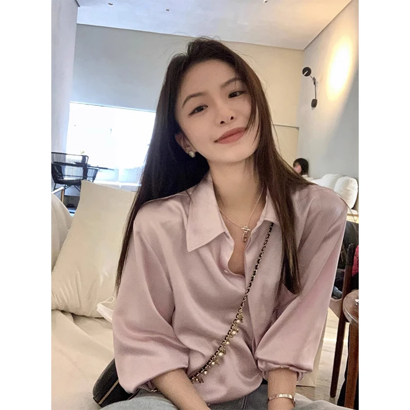 气质高端醋酸缎面衬衫女春秋新款洋气别致显瘦设计感小众长袖上衣