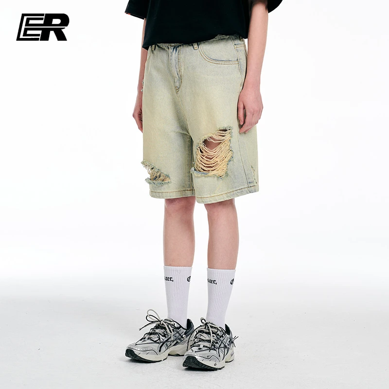 ER不规则破洞牛仔短裤宽松潮牌高街水洗做旧五分裤子