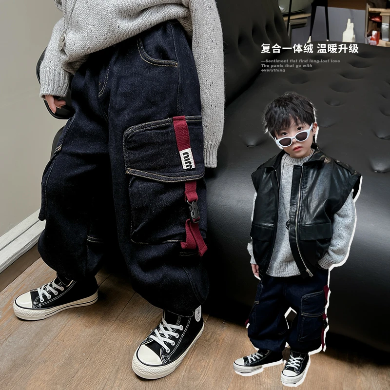 加绒牛仔裤男童冬季2023新款中大童一体绒工装裤子IM23957
