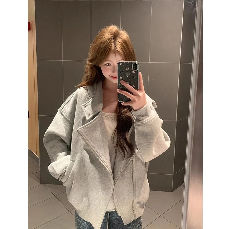 秋冬2024新款灰色连帽加绒拉链卫衣女美式高街不规则宽松开衫外套