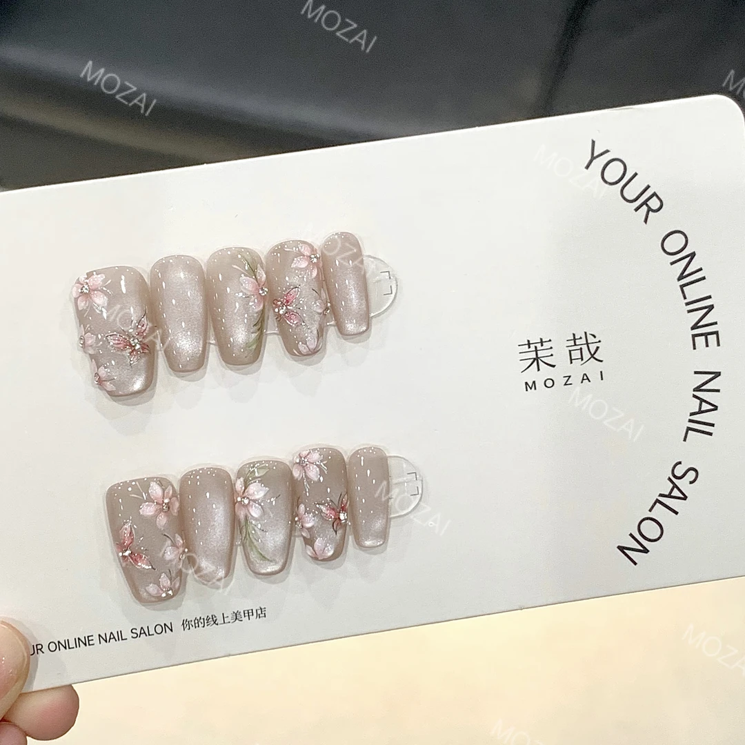 茉哉高定【水彩手绘/醉花晓梦】纯手工定制美甲穿戴甲F0020