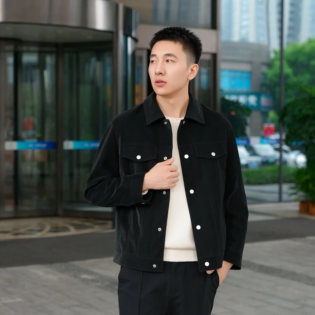 海澜优选男士PU皮夹克满身压花质感潮流时尚翻领百搭简约秋季外套