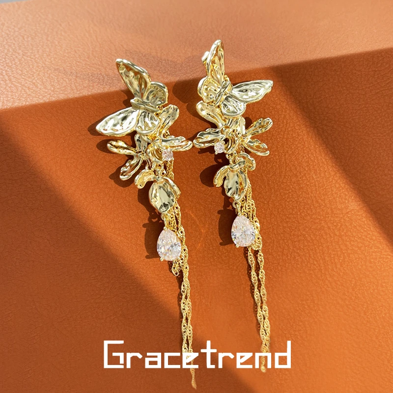 Grace trend 铜合金耳饰 长款蝴蝶流苏两戴耳钉轻奢耳坠耳针D-326