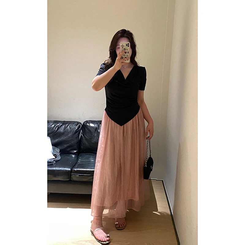 王少女【清清】粉色松紧腰直筒显瘦半身裙小众长裙B19164S42