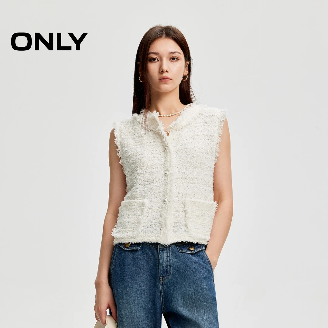 ONLY2024冬季新款小香风粗花呢开衫口袋马甲针织衫女|12443B013