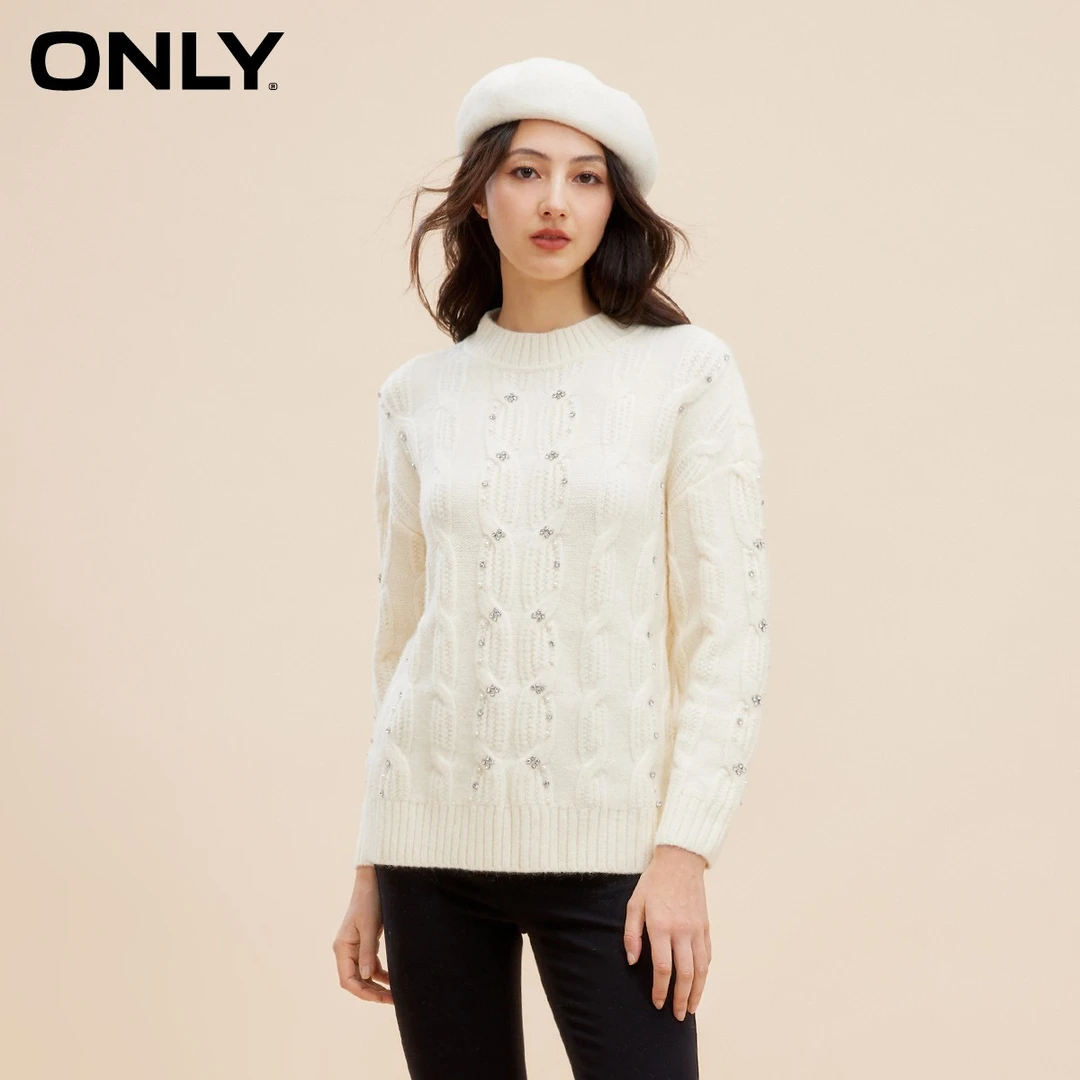 ONLY新款休闲百搭绞花水钻螺纹宽松针织衫女|123413063