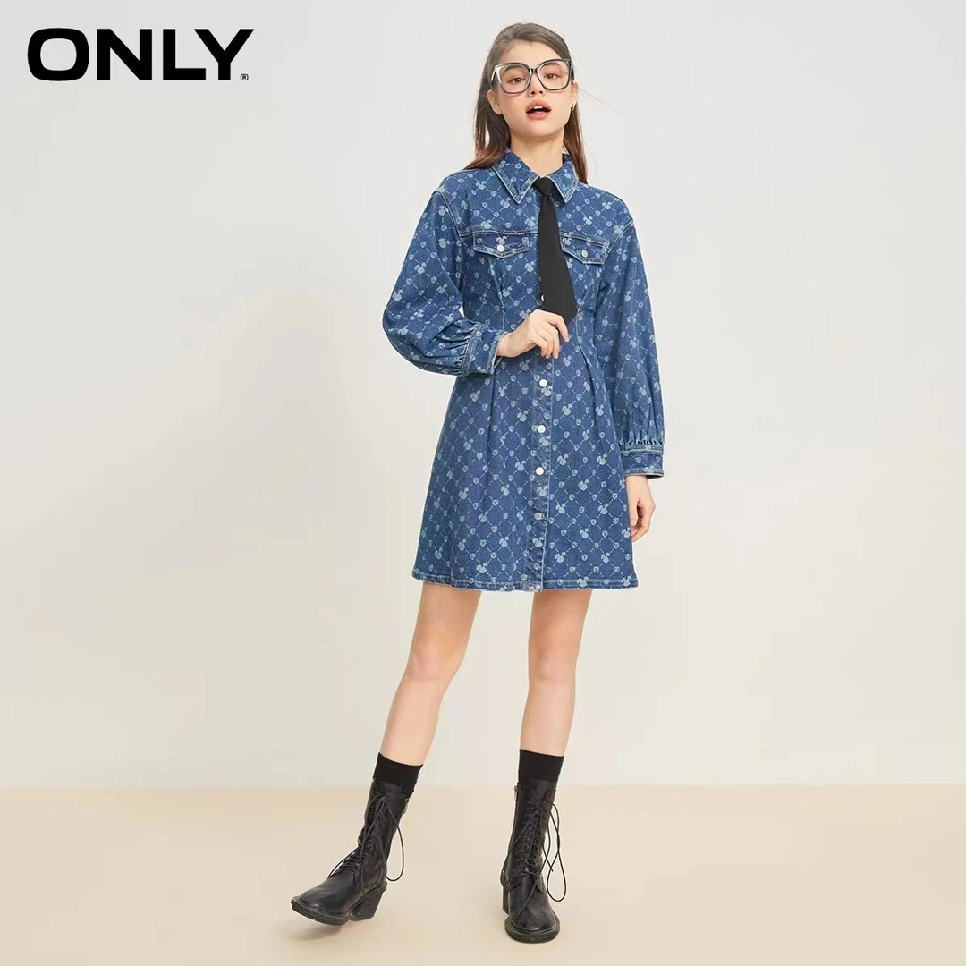 【芋总专属】ONLY翻领印花格雷系牛仔衬衫连衣裙|123142017