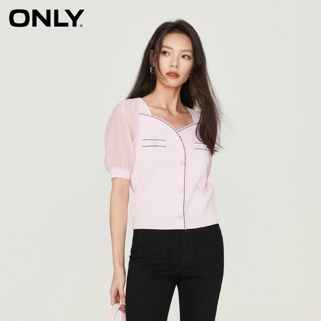 【金拐子专属】ONLY气质休闲方领甜美淑女泡泡袖短袖女士|123224029