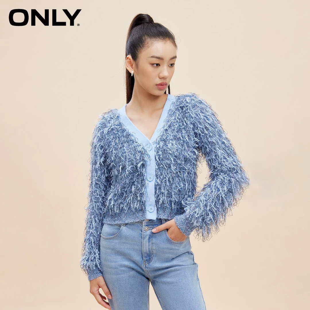 ONLY春秋新款设计感气质V领开衫流苏螺纹长袖针织衫女装12343B016