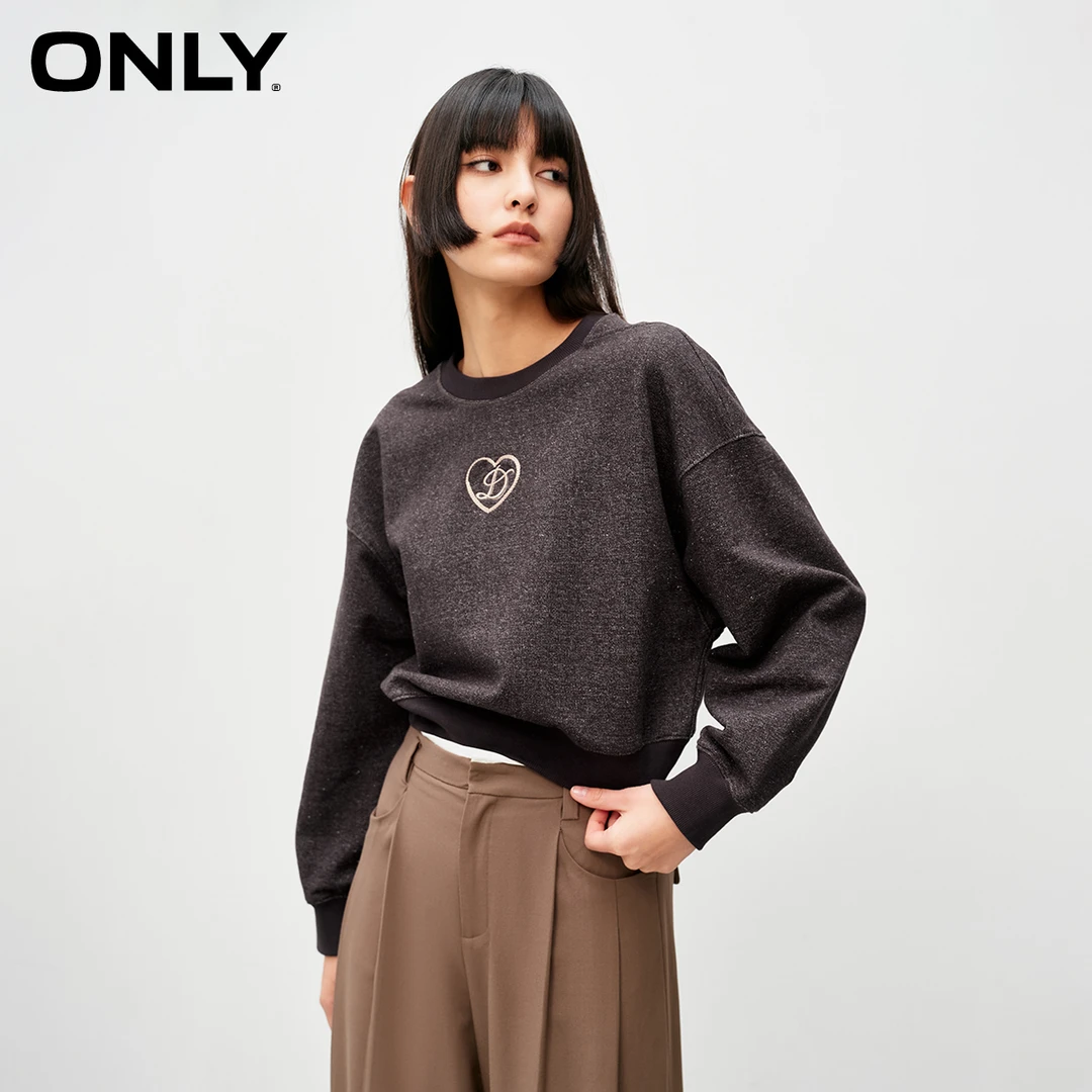 【赵老板专属】ONLY新款螺纹拼接落肩短款圆领卫衣女|12349S034