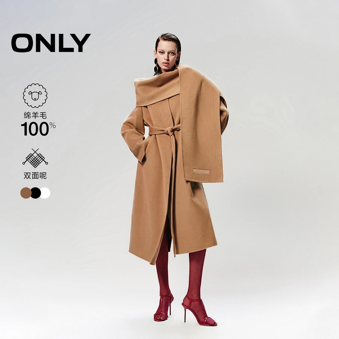 ONLY2025冬季新款纯绵羊毛质感长款围巾毛呢大衣女|12446U008