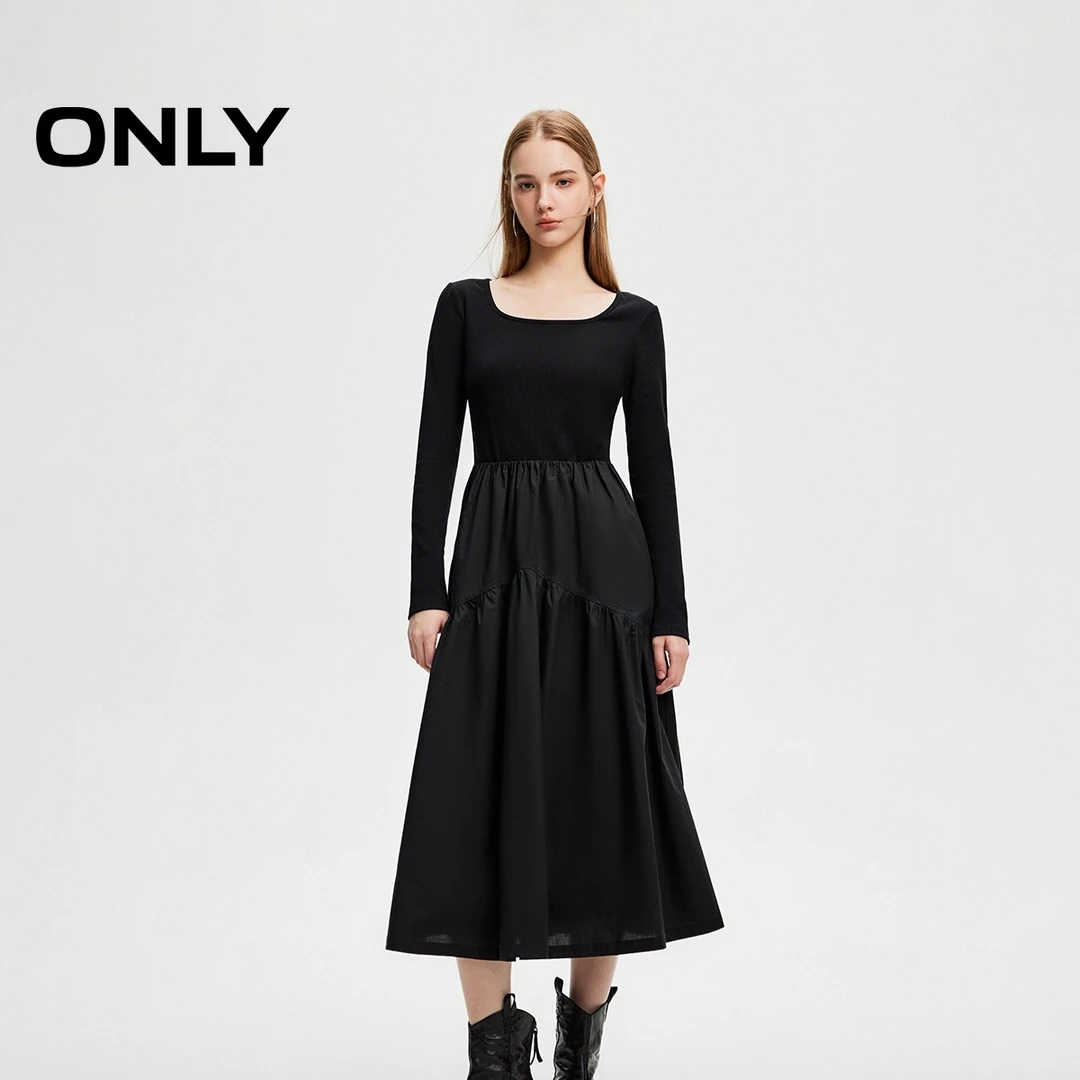 ONLY2025秋季新款通勤方领长袖针织拼接长裙连衣裙女|124307071