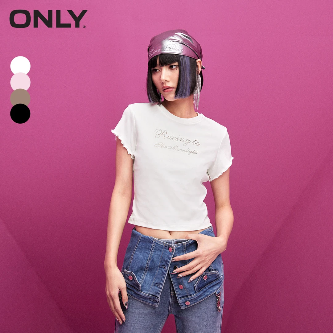 【商场同款】ONLY2024秋季新款修身圆领花边正肩短袖T恤124101022