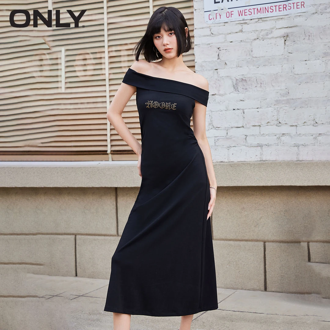 ONLY2024春季新款简约百搭烫钻一字领中长款连衣裙女|124161015