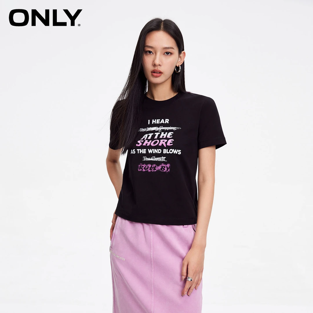 【丽公主专属】ONLY新款百搭胶印螺纹领口撞色圆领T恤女|124101062
