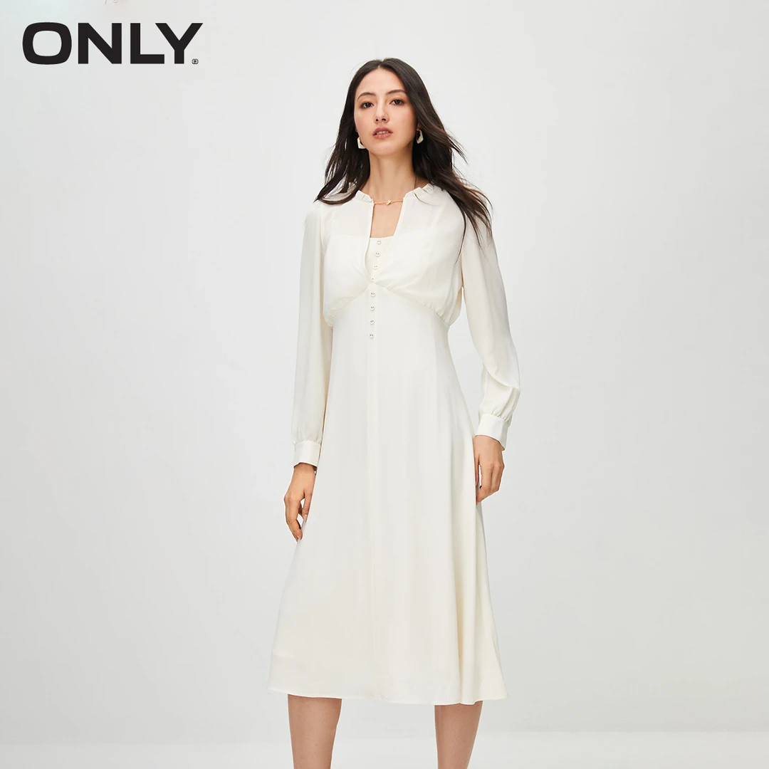 ONLY2023冬季新款气质通勤风百搭灯笼袖显瘦连衣裙女|123407016