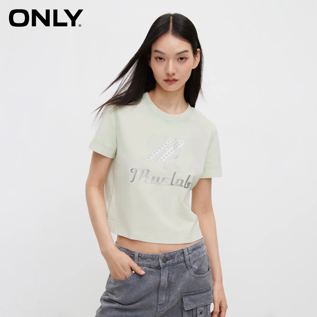 【金拐子专属】ONLY设计感休闲百搭螺纹正肩短袖T恤女|124201022