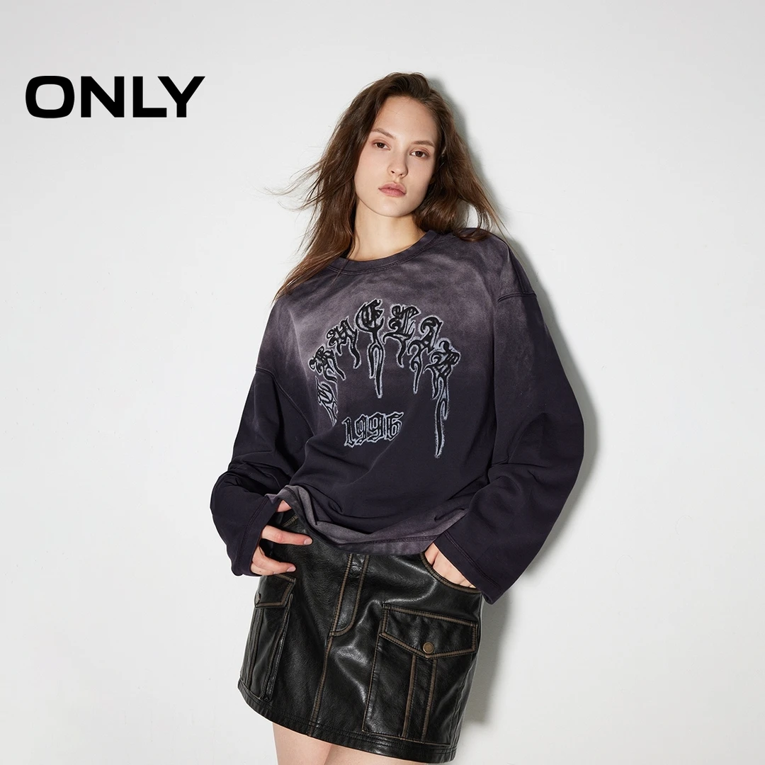 ONLY2025初秋新款潮流时尚扎染印花圆领落肩纯棉卫衣女|12439S017