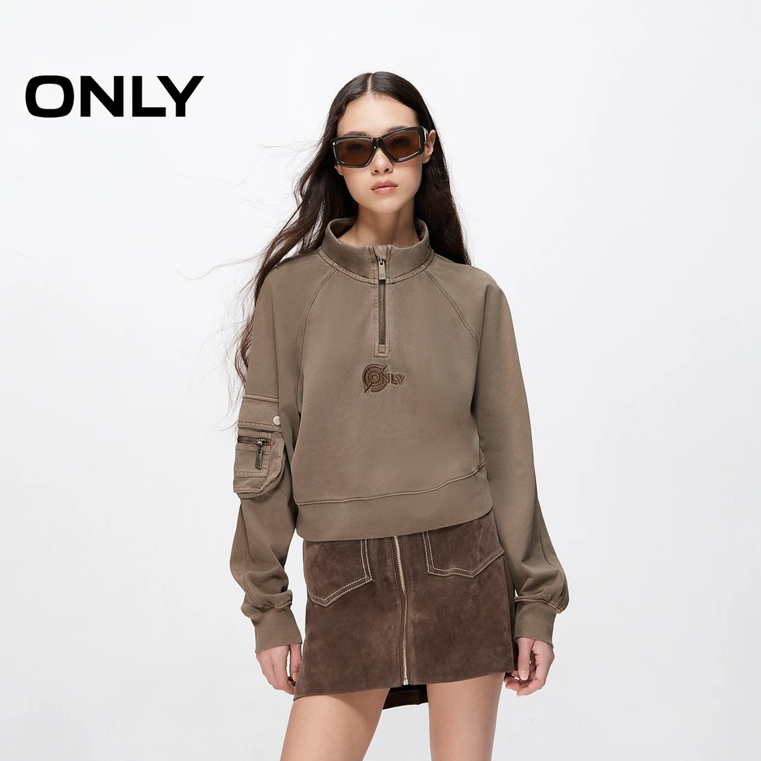 ONLY2025秋季新款时尚潮酷纯棉立领LOGO短款卫衣女|12439R025