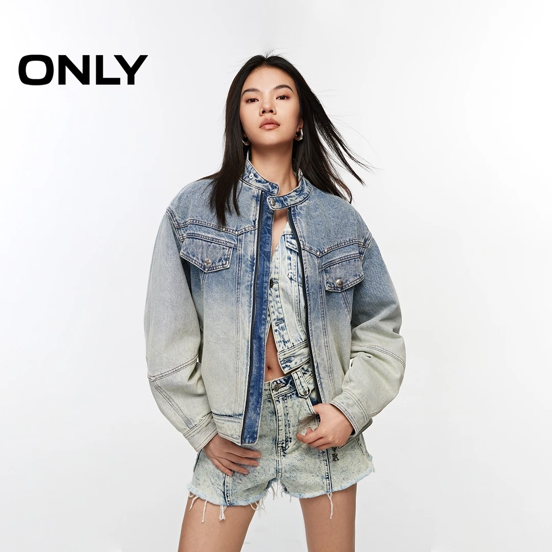 ONLY2025秋季新款时尚百搭渐变水洗落肩宽松牛仔外套女|124354003
