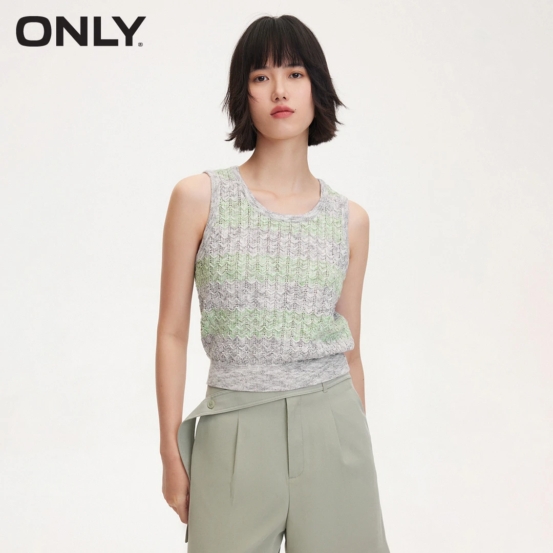 ONLY2025初秋新款时尚百搭渐变撞色圆领短款背心针织衫|124124032