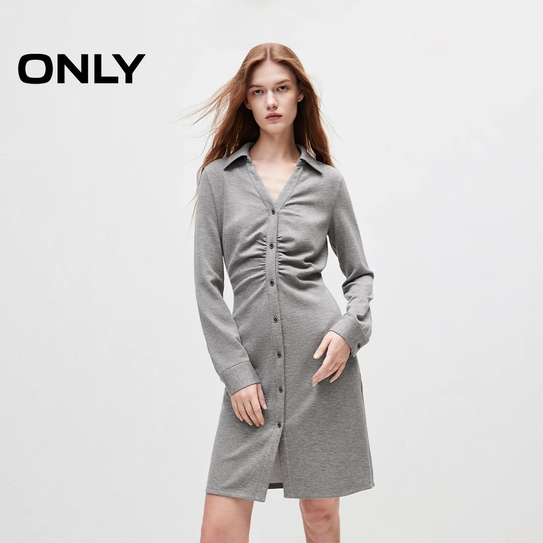 ONLY2025秋季新款气质休闲收腰柔软V领短裙长袖连衣裙女124361005