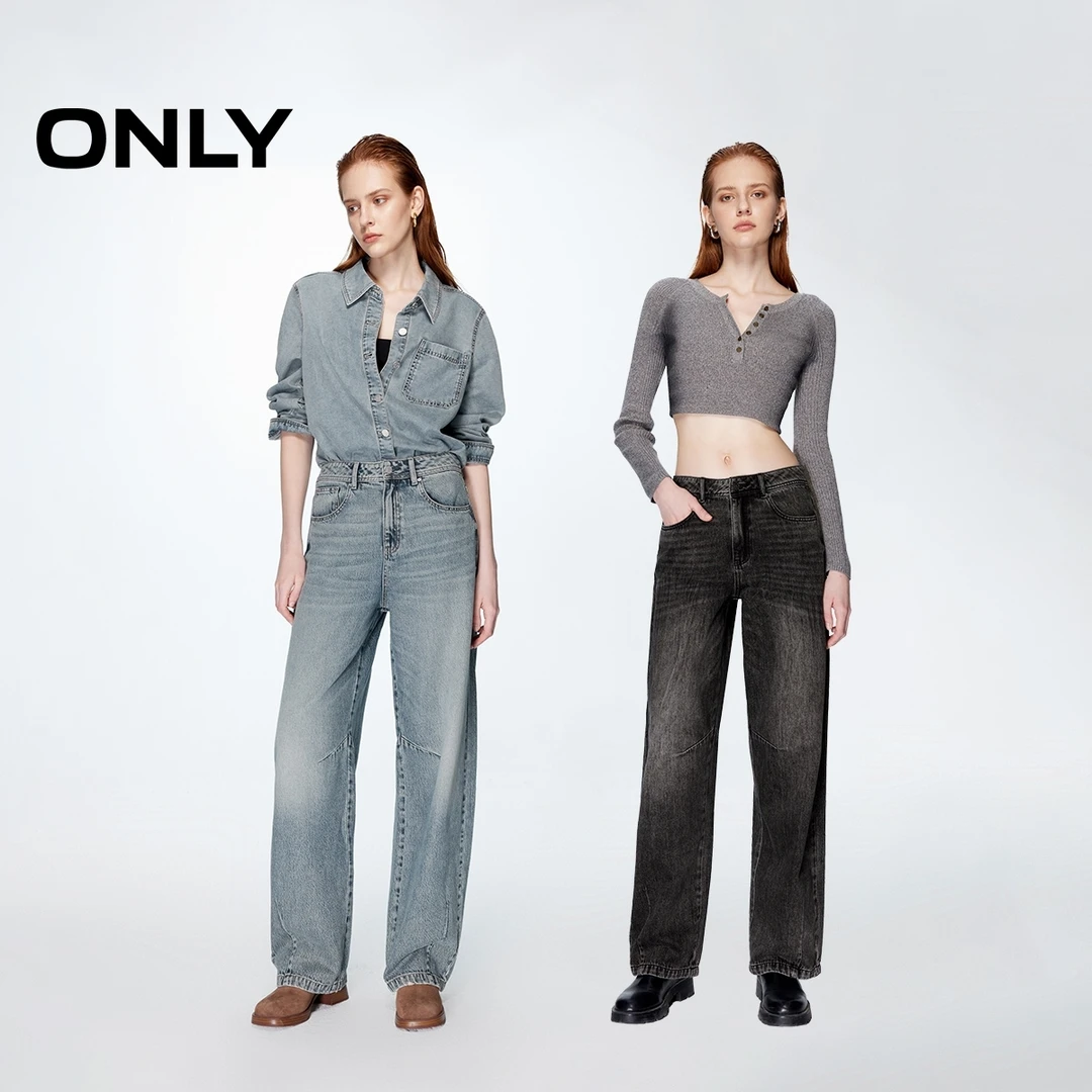 ONLY2024初秋新款潮流做旧磨白低腰长裤阔腿裤牛仔裤女|124332056