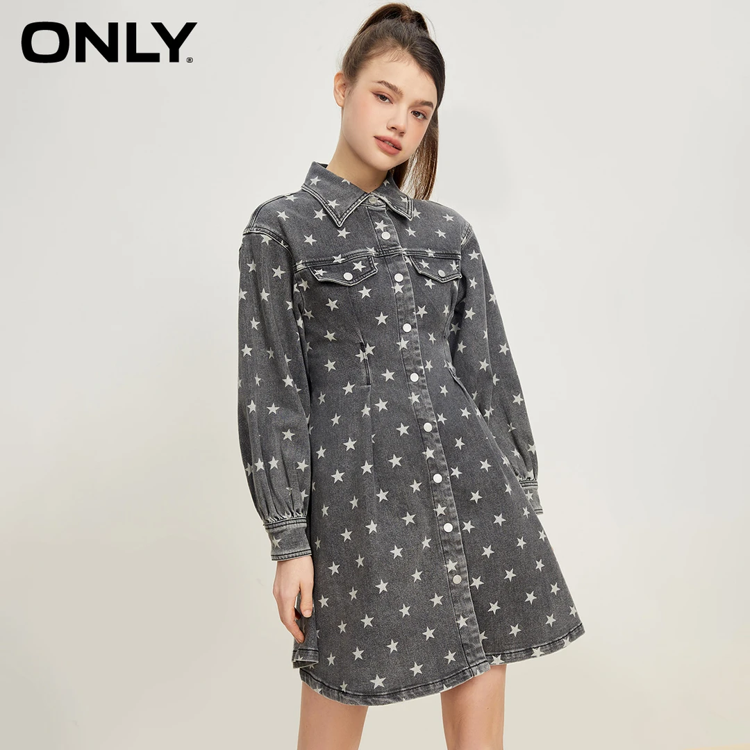 ONLY秋季时尚翻领印花格雷系气质牛仔衬衫短款连衣裙女|123142017